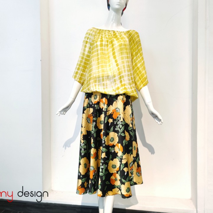 Two-layer flared skirt with yellow flower pattern